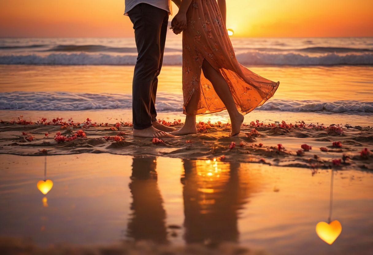 A picturesque sunset casting golden hues over a couple embraced in a heartfelt moment, surrounded by blooming flowers and gentle waves lapping at their feet. Soft bokeh effects enhance the romantic atmosphere, while a dreamy sky adds a touch of magic to the scene. Include elements like floating heart-shaped lanterns in the background. super-realistic. vibrant colors. 3D.