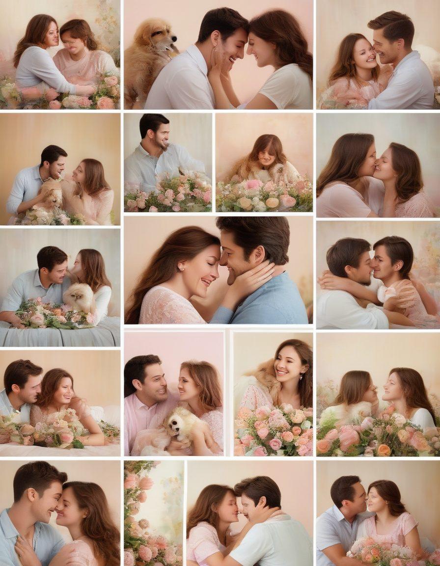 A heartwarming collage showcasing various expressions of love: couples sharing intimate moments, families embracing, friends laughing together, and pets cuddling. Surround the images with soft pastel colors and gentle light to evoke warmth and affection. Incorporate delicate floral elements as borders to enhance the romantic theme. soft focus, vintage aesthetic, warm tones.