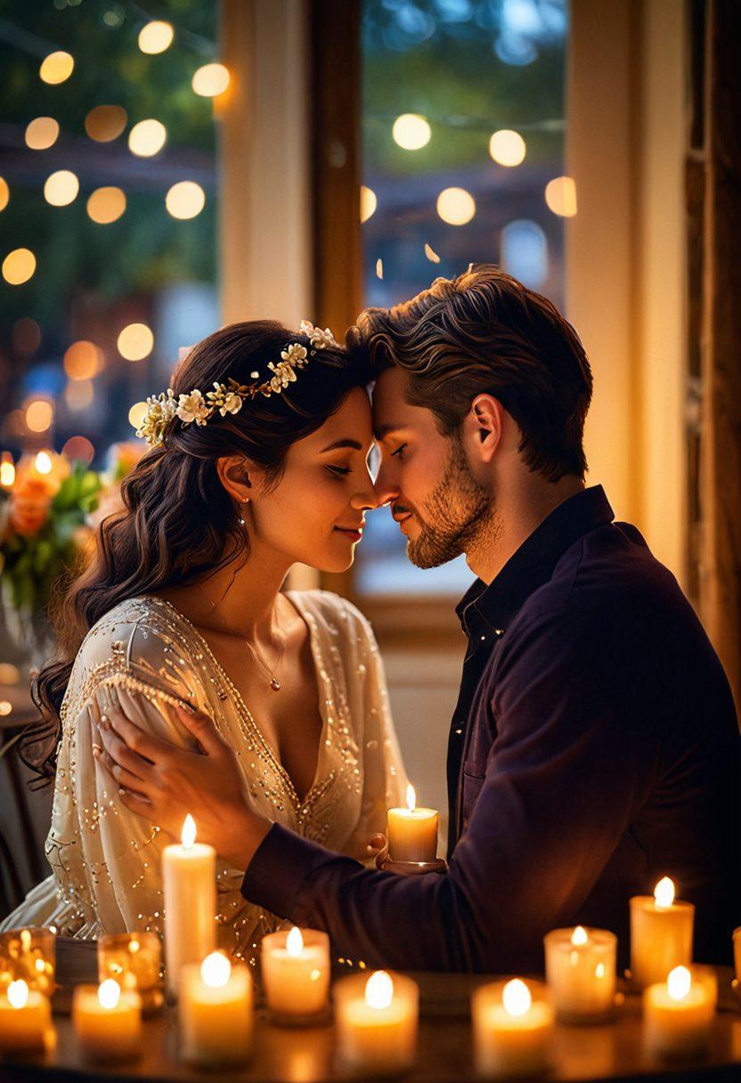 A cozy, candlelit setting with a couple sharing a tender moment, surrounded by soft heart-shaped bokeh lights. The couple is gazing into each other's eyes, with the warm glow of a sunset reflecting off the background. Include artistic elements like swirling colors and floral accents to emphasize romance. super-realistic. vibrant colors. dreamy atmosphere.
